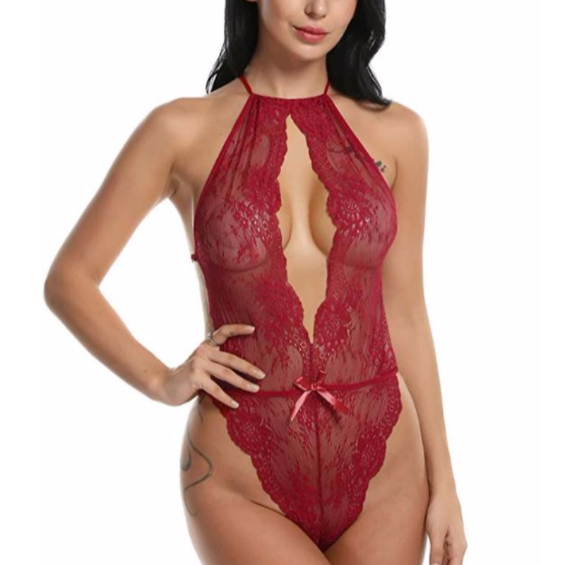 Lingerie sexy pour femme Body en dentelle avec une nuisette en dentelle Teddy One Piece Rose-team