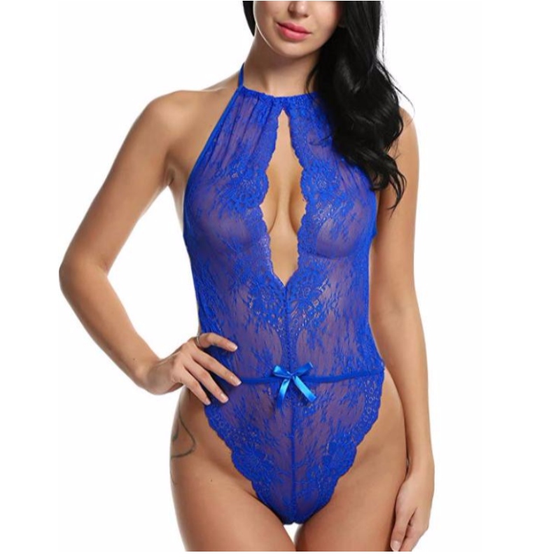 Lingerie sexy pour femme Body en dentelle avec une nuisette en dentelle Teddy One Piece Rose-team