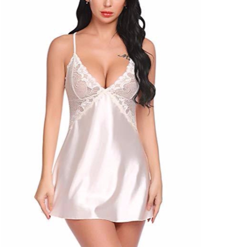 Lingerie Sexy Femme Lingerie Cou V Vêtements de Nuit en Satin Dentelle Chemise Mini Teddy Rose-team