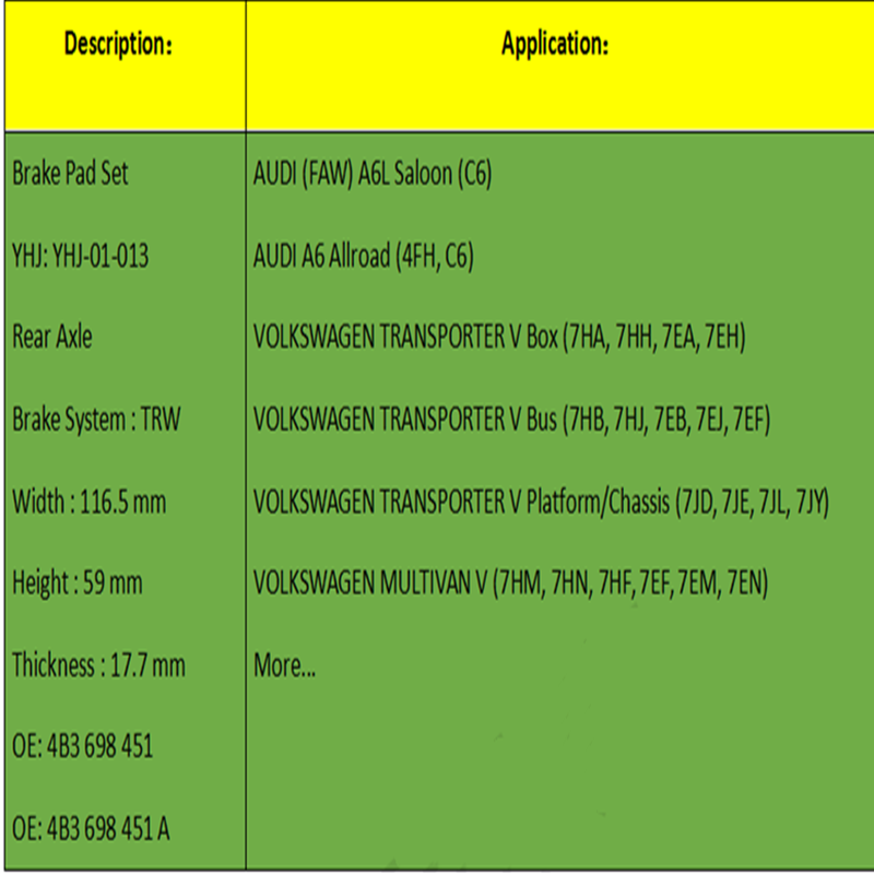 Plaquettes de frein (OE: 4B3 698 451, OE: 4B3 698 451 A)