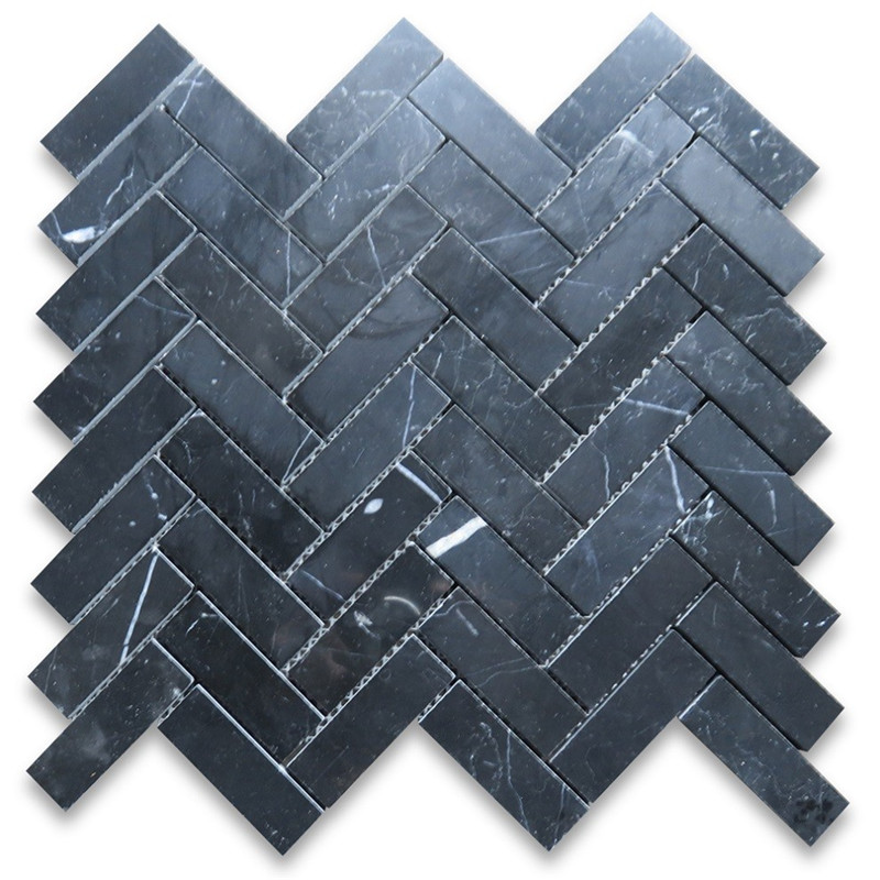 Carreau de mosaïque à chevrons Nero marquina 1x3 brillant