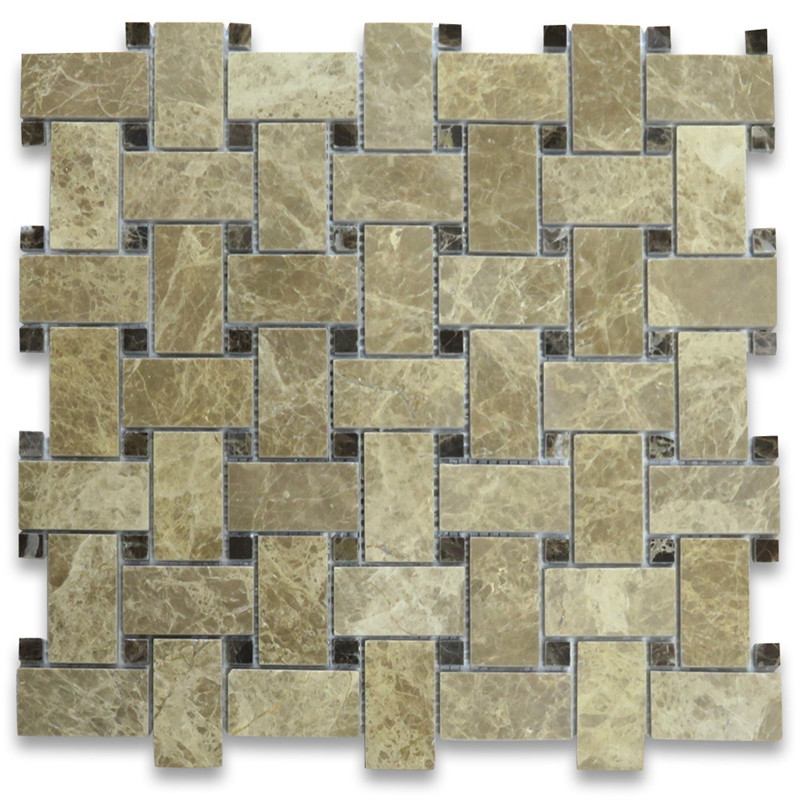 Carreau de mosaïque Emperador Light 1x2 Basketweave avec pois noirs Emperador poli