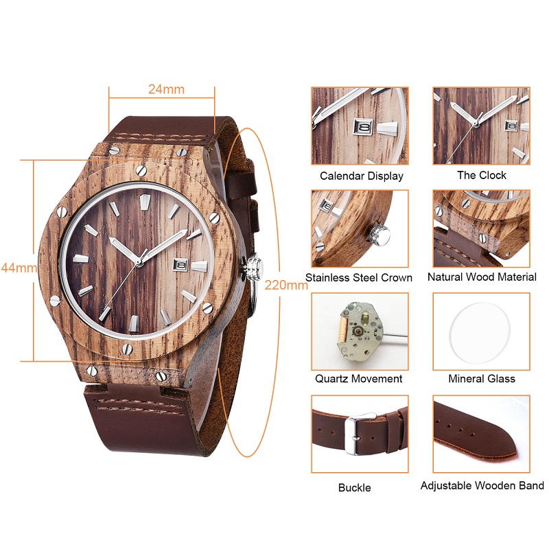 Montre en bois d'érable design pour hommes avec une montre en cuir souple avec mouvement japonais