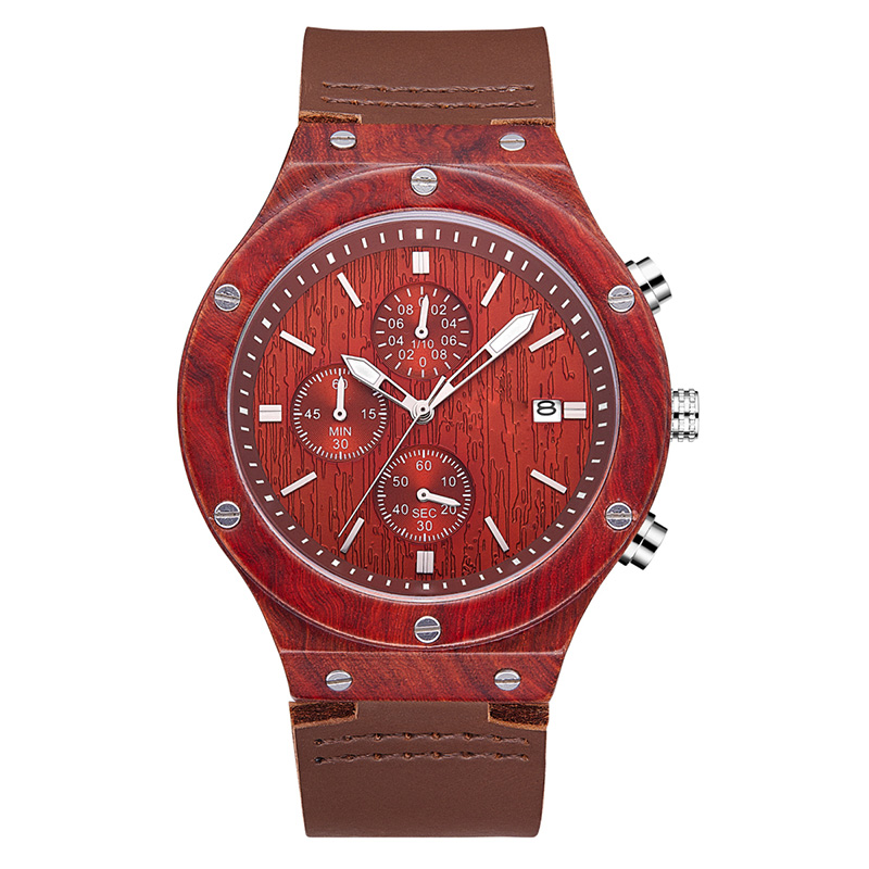 2019 Nouvelle montre en bois avec bracelet en bois de santal et bracelet en cuir souple rouge