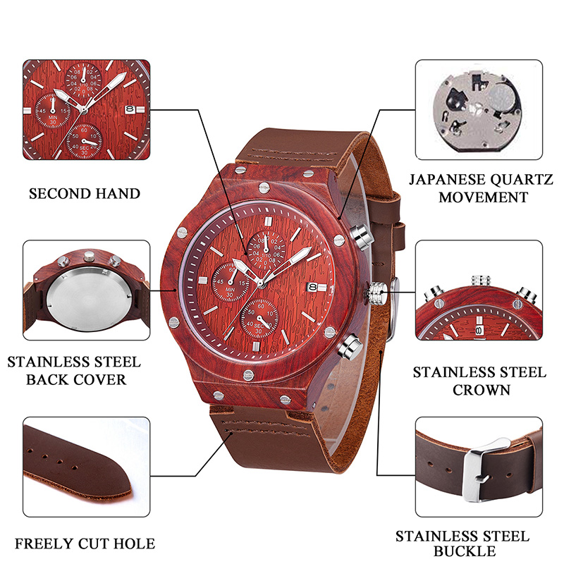 2019 Nouvelle montre en bois avec bracelet en bois de santal et bracelet en cuir souple rouge