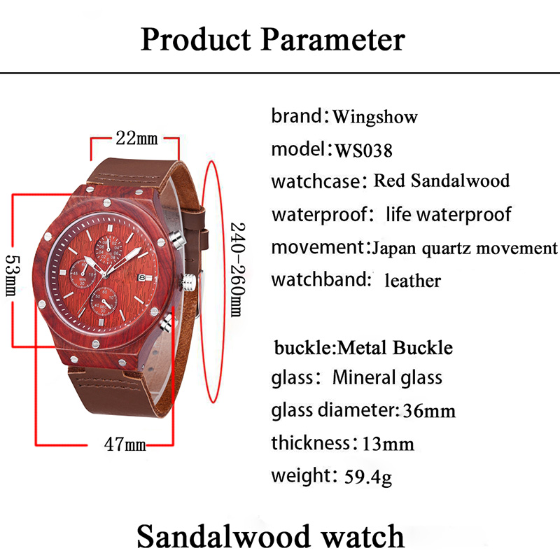 2019 Nouvelle montre en bois avec bracelet en bois de santal et bracelet en cuir souple rouge
