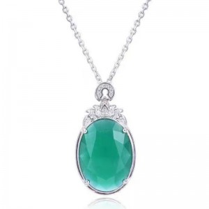 Collier pendentif en argent sterling 925 avec malade synthétique de jade et de pierres précieuses