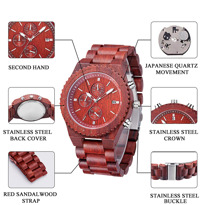 Montre étanche en bois de santal rouge avec montres à quartz à la mode