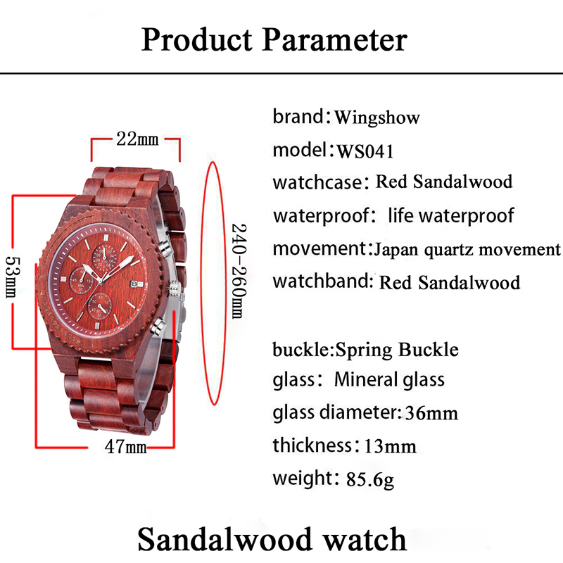 Montre étanche en bois de santal rouge avec montres à quartz à la mode