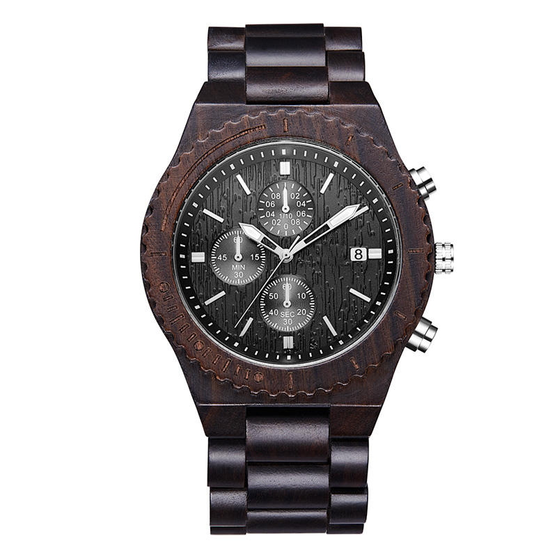 Montre en bois pour homme, multifonctions écologique, montre en bois naturel chronographe noire