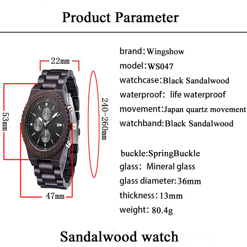 Montre en bois pour homme, multifonctions écologique, montre en bois naturel chronographe noire