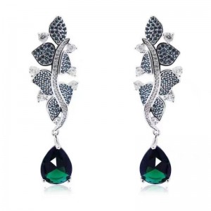 Boucles d'oreilles en argent sterling 925 avec émeraude synthétique et feuille de zircone pour femme
