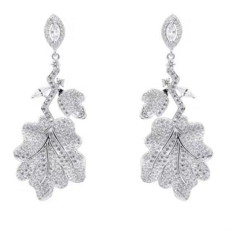 925 argent sterling platine plaqué feuille zirconium femmes mariage balancent mariée boucles d'oreilles