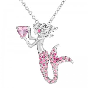 Collier de pierres précieuses roses avec pendentif coeur de sirène pour femme Or 14 carats Argent sterling 925 Or rose 18 carats