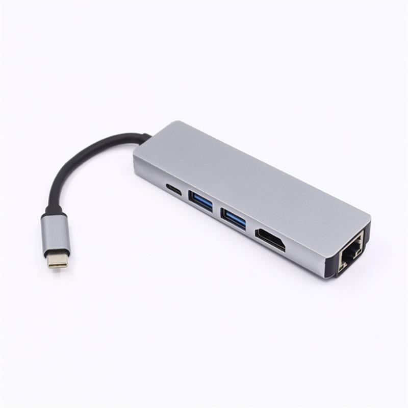 5 en 1 USB Type C à HDMI + LAN (1000M) + Adaptateur USB 3.0x2 + Type C