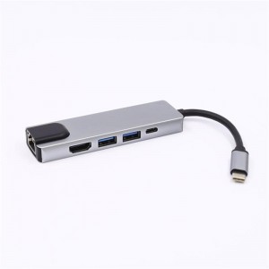 5 en 1 USB Type C à HDMI + LAN (1000M) + Adaptateur USB 3.0x2 + Type C