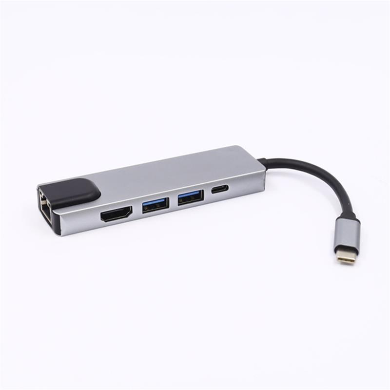 5 en 1 USB Type C à HDMI + LAN (1000M) + Adaptateur USB 3.0x2 + Type C