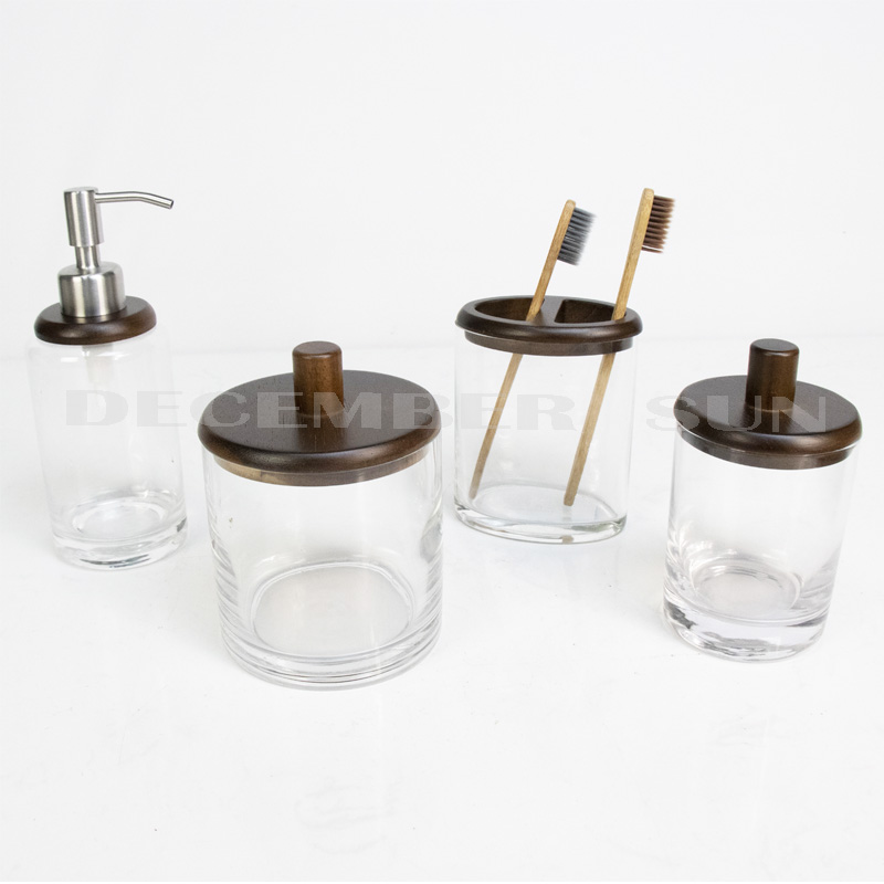 Ensemble de salle de bain en verre transparent avec parties en bois
