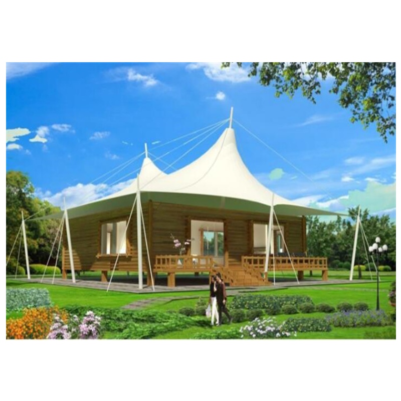 Vente chaude préfabriqué maisons PVDF / PTFE tissu matériel camp tente verre mur hôtel Glamping tentes pour Jungle Resort
