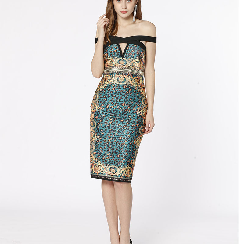 Green Creek shoulder animal Printed panthère Female Party sexy bandage dress