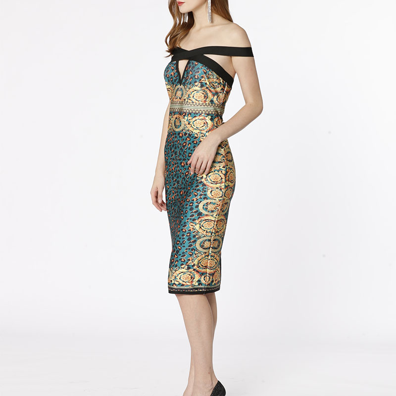 Green Creek shoulder animal Printed panthère Female Party sexy bandage dress