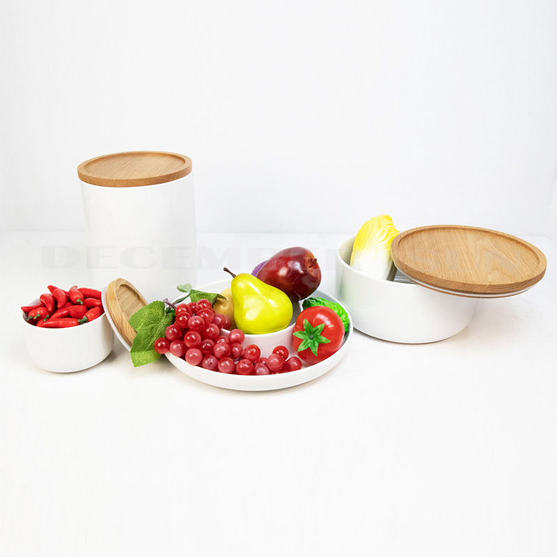 Accessoires de cuisine en gros en céramique avec couvercle en bois