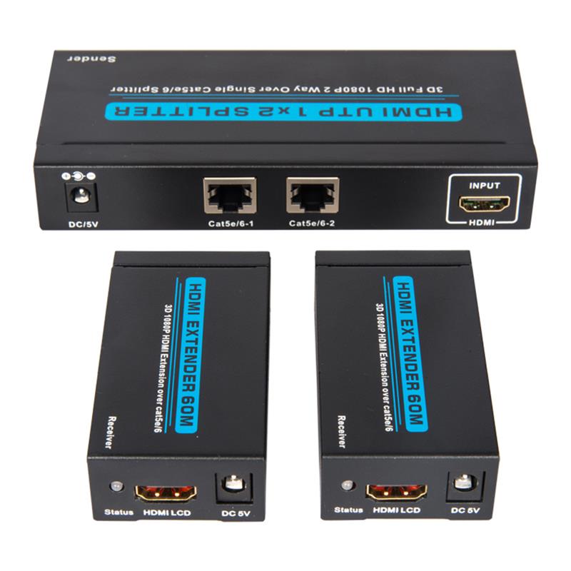 Répartiteur UTP HDMI 1x2 2 ports sur Cat5e / 6 simple avec 2 récepteurs jusqu'à 60m