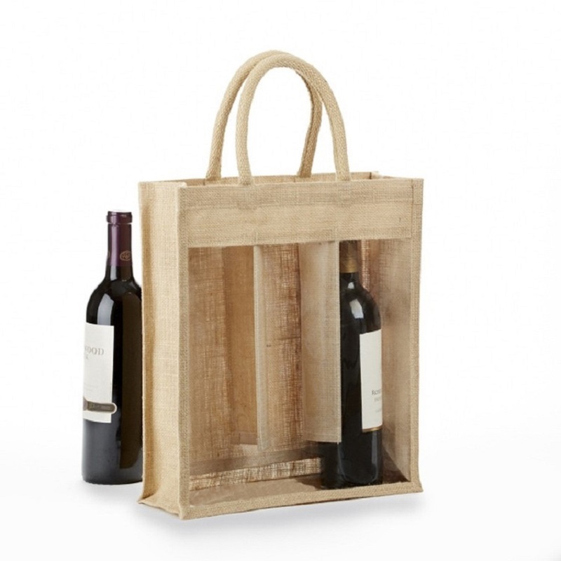 SGS52 personnalisé imprimé respectueux de l'environnement 3 bouteilles de jute bouteille de vin fourre-tout sacs à provisions avec fenêtre