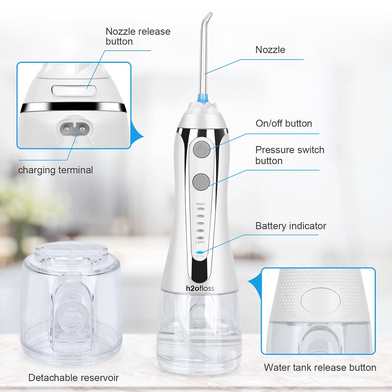 H2ofloss Water Flosser Irrigateur dentaire dentaire sans fil professionnel - Portable et rechargeable IPX7 Water Flossing étanche pour le nettoyage des dents, réservoir de 300 ml pour la maison et le voyage (HF-2)
