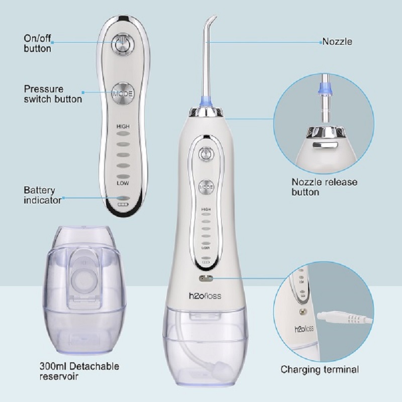 Irrigateur buccal dentaire sans fil professionnel sans fil H2ofloss Water Flosser - soie dentaire étanche et portable IPX7 pour le nettoyage des dents, réservoir de 300 ml pour la maison et le voyage (HF-6)