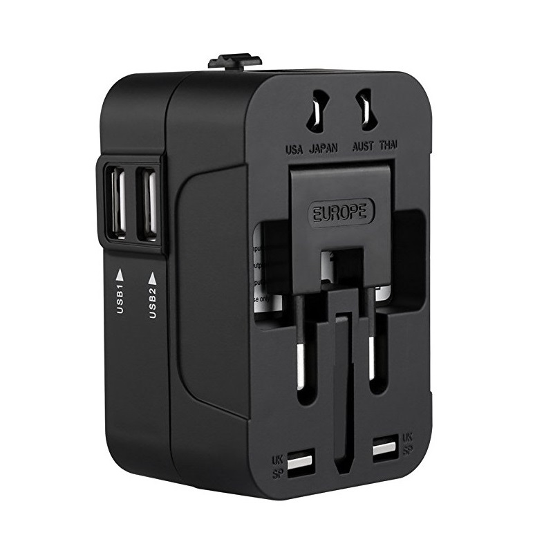 RRTRAVEL International Universal All in One Worldwide Travel Adapter Chargeur mural Adaptateur secteur avec deux ports de charge USB pour les États-Unis UE Royaume-Uni AUS Téléphone portable européen pour ordinateur portable