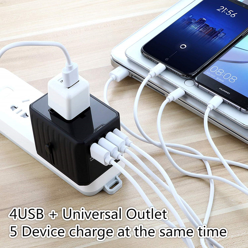 Adaptateur de voyage universel rtravel, adaptateur international d 'alimentation électrique, adaptateur mondial avec quatre ports USB, chargeur à paroi haute vitesse 4.5a, prise de courant alternative intégrée pour ordinateurs portables américains, britanniques, australiens, européens et asiatiques