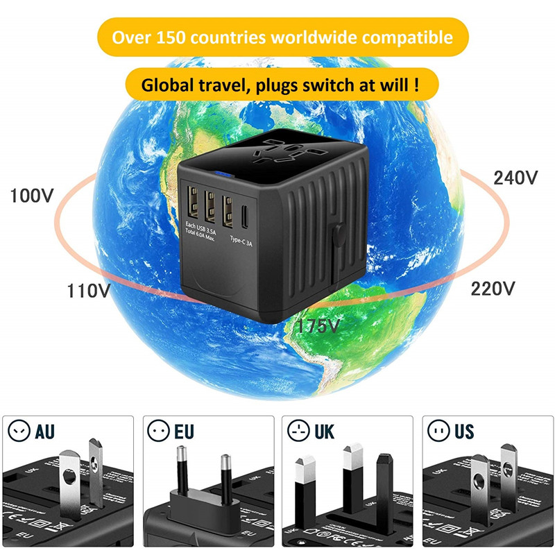 Puissance maximale 1920W et 30W (3USB et 1Type C) Adaptateur de voyage universel à charge ultra rapide Adaptateur secteur de voyage dans le monde entier Adaptateur mural universel avec PD et charge rapide 3.0 pour les États-Unis EU UK AUS (le forfait peut varier)