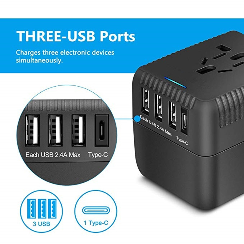 Rtravel General Travel adapter, Integrated International Power adapter, with Three USB + 1 - C Load port, European plug adapter, AC Socket adapter, applicable in Europe, USA, UK, eu + 160 + country / region