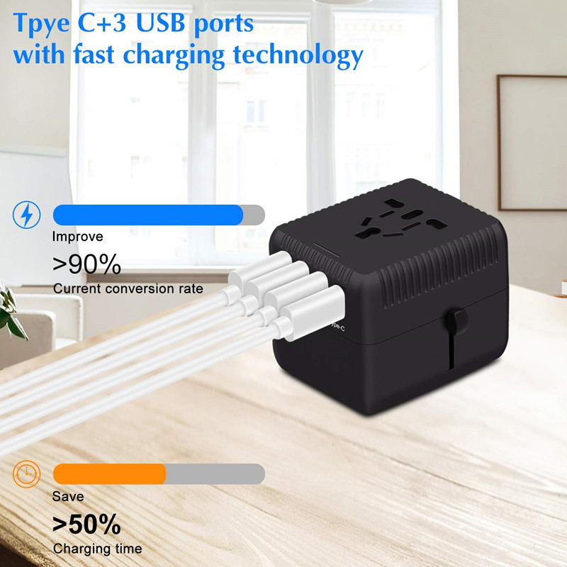 PD Universal Travel Adapter One International Wall Charger AC Plug Adapter with 5A Smart Power and and 3.0A USB Type-C for USA EU UK AUS
