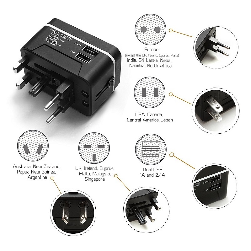 Adaptateur de voyage RRTRAVEL, adaptateur secteur international universel avec 2 ports USB et adaptateur de prise européen, idéal pour les téléphones portables dans plus de 150 pays