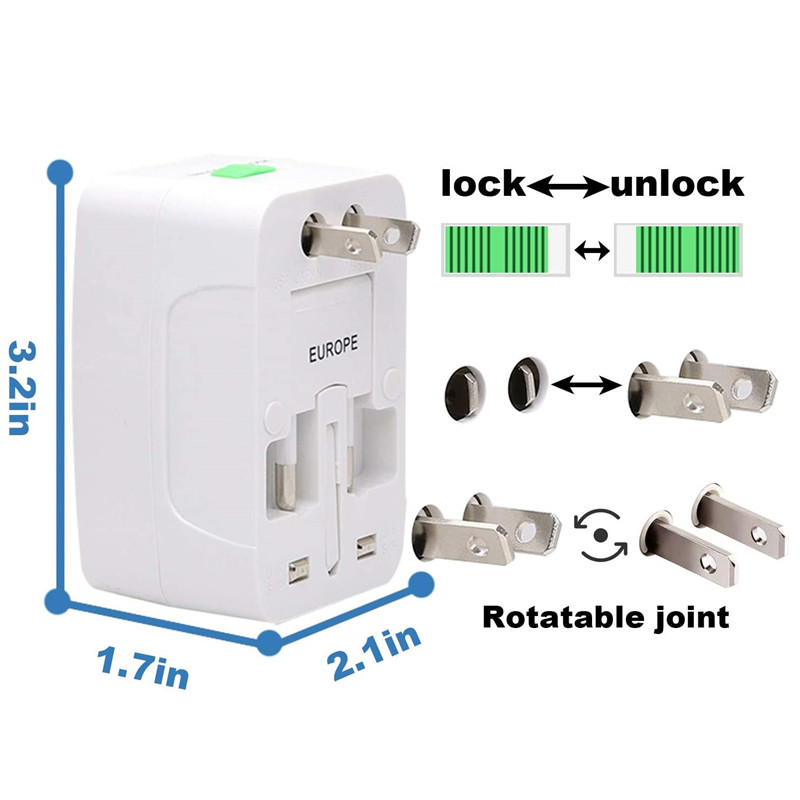 RRTRAVEL 931D Adaptateur secteur de voyage dans le monde entier, adaptateur de voyage universel Adaptateur de prise d'alimentation secteur avec deux ports USB pour les États-Unis UE Royaume-Uni AUS Téléphone portable Couvre 150+ pays