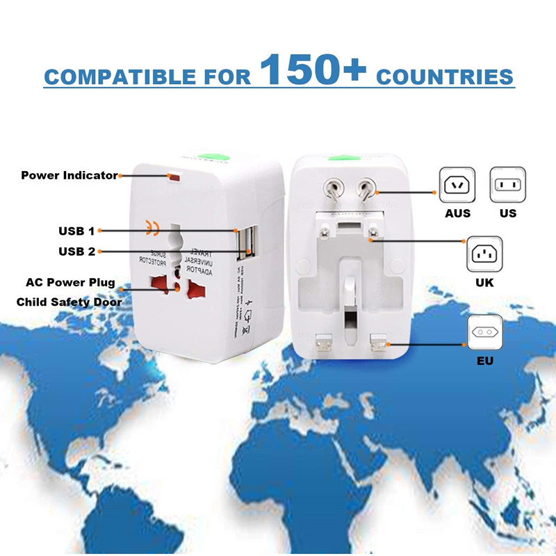 RRTRAVEL 931D Adaptateur secteur de voyage dans le monde entier, adaptateur de voyage universel Adaptateur de prise d'alimentation secteur avec deux ports USB pour les États-Unis UE Royaume-Uni AUS Téléphone portable Couvre 150+ pays