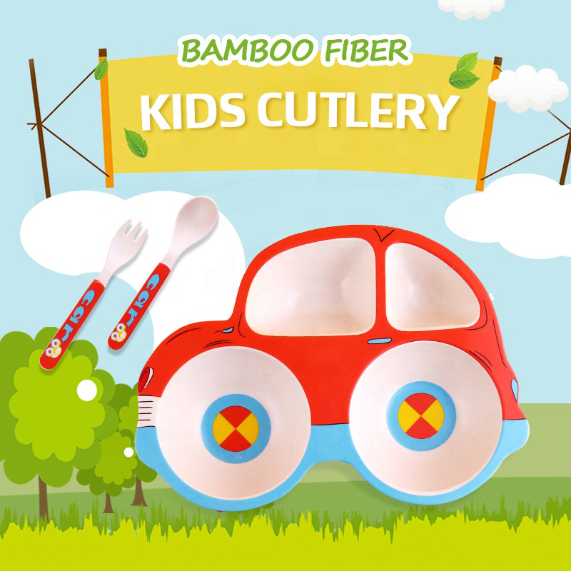 enfants respectueux de l'environnement plaque assiette fourchette cuillère enfants vaisselle en fibre de bambou