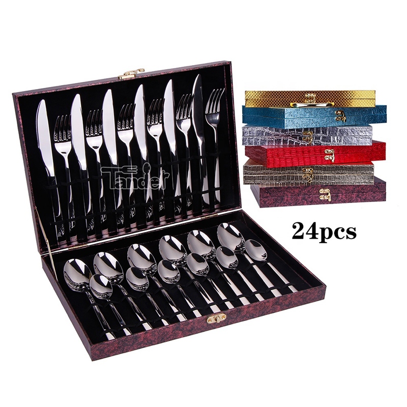 18 / 8 - 24 paquets en acier inoxydable, argenterie, ustensiles en bois, cadeaux