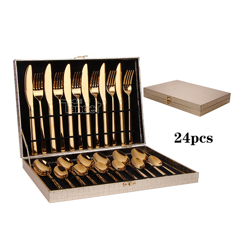Couteau Cuillère Fourchette Ensemble Or Couverts Brillant En Métal Personnalisé En Acier Inoxydable Hôtel 24 pcs Couverts Ensemble avec étui