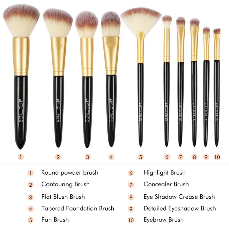 10pcs maquillage pinceau ensemble, Premium fibre synthétique maquillage pinceau kit brosses outils avec sac de maquillage de voyage en cuir PU