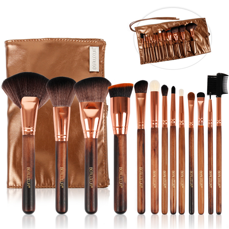 Cosmetic brosse set, 13 brosses cosmétiques de haut niveau synthétique brosse à poils poudre de poudre de pinceau blush contour Clean Eye Shadow Kit... (005 manche en bois)