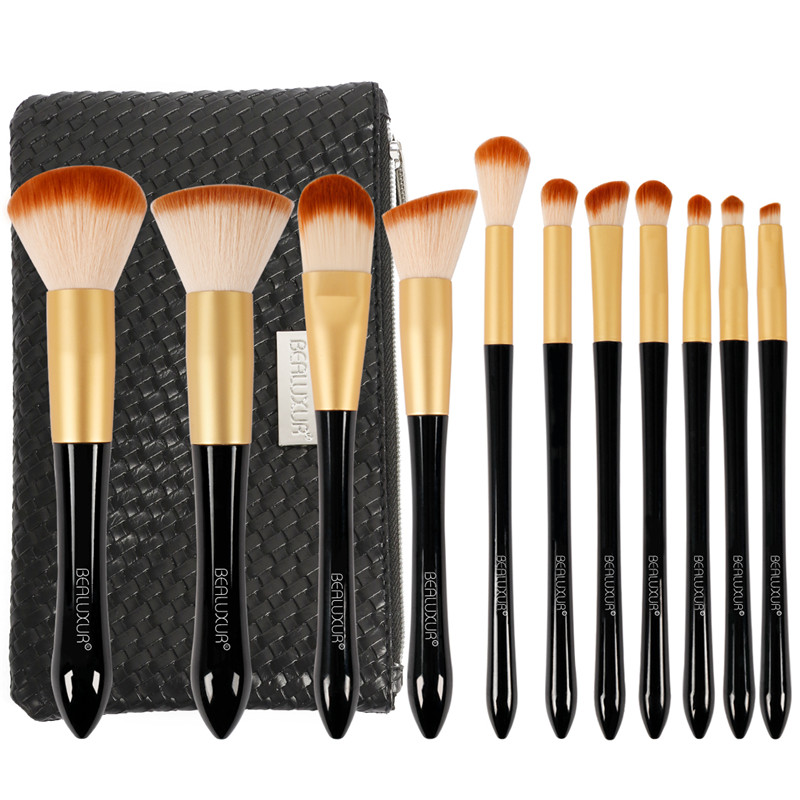 Set de pinceaux de maquillage ， 11pcs pinceaux de maquillage poils synthétiques de qualité supérieure fond de teint poudre fards à joues Concealers Kit de pinceaux à paupières à lèvres avec trousse de maquillage de voyage…