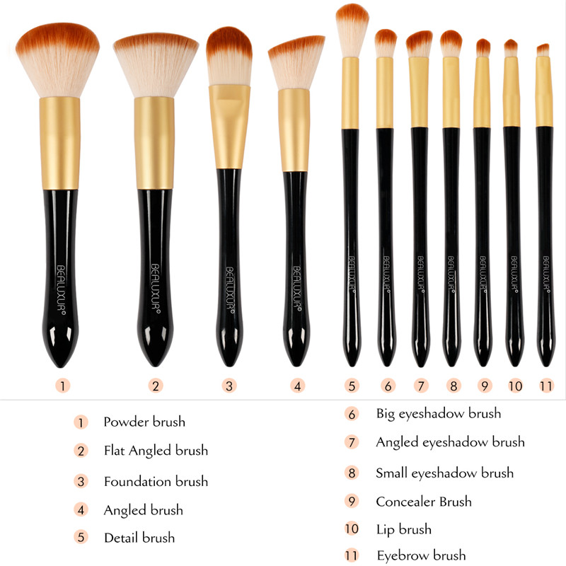 Set de pinceaux de maquillage ， 11pcs pinceaux de maquillage poils synthétiques de qualité supérieure fond de teint poudre fards à joues Concealers Kit de pinceaux à paupières à lèvres avec trousse de maquillage de voyage…