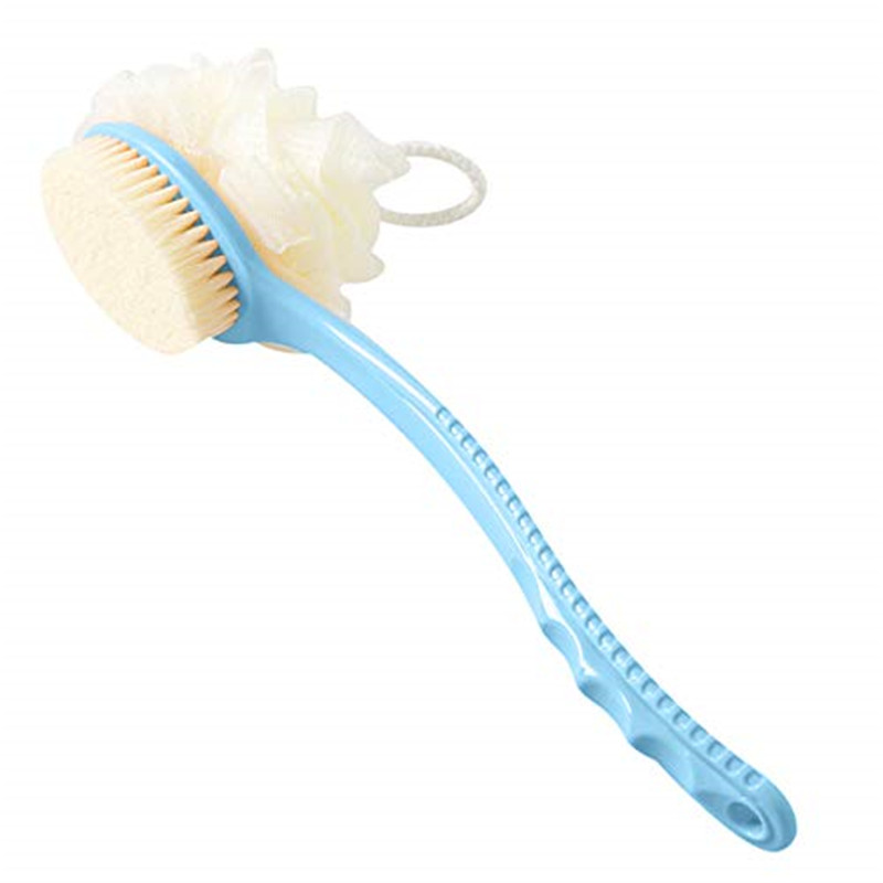Brosse pour le corps 2 en 1 pour le bain avec luffa doux et poils, laveur de dos avec brosse de douche à manche long incurvé pour le lavage humide ou sec, du corps, du visage et du spa pour femmes et hommes