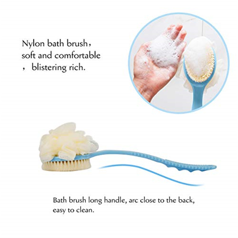 Brosse pour le corps 2 en 1 pour le bain avec luffa doux et poils, laveur de dos avec brosse de douche à manche long incurvé pour le lavage humide ou sec, du corps, du visage et du spa pour femmes et hommes