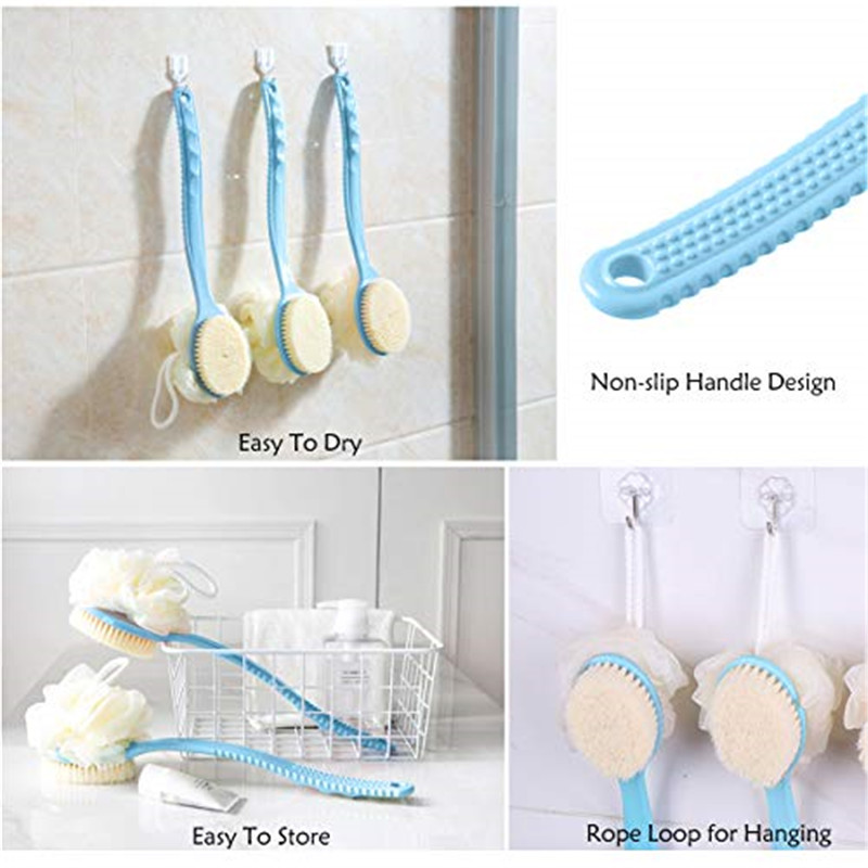 Brosse pour le corps 2 en 1 pour le bain avec luffa doux et poils, laveur de dos avec brosse de douche à manche long incurvé pour le lavage humide ou sec, du corps, du visage et du spa pour femmes et hommes