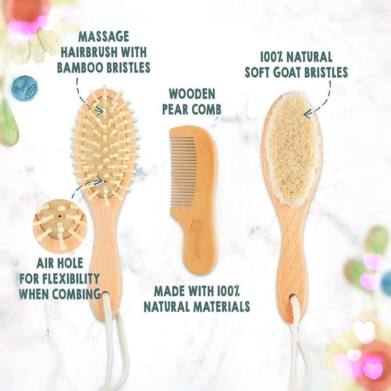 Ensemble de 3 brosses et peignes à cheveux en bois pour bébé (3 pièces) pour nouveau-nés et tout-petits, poils de chèvre doux naturels pour berceau, brosse à bébé à poils de bois pour massage, parfait pour le registre de bébé