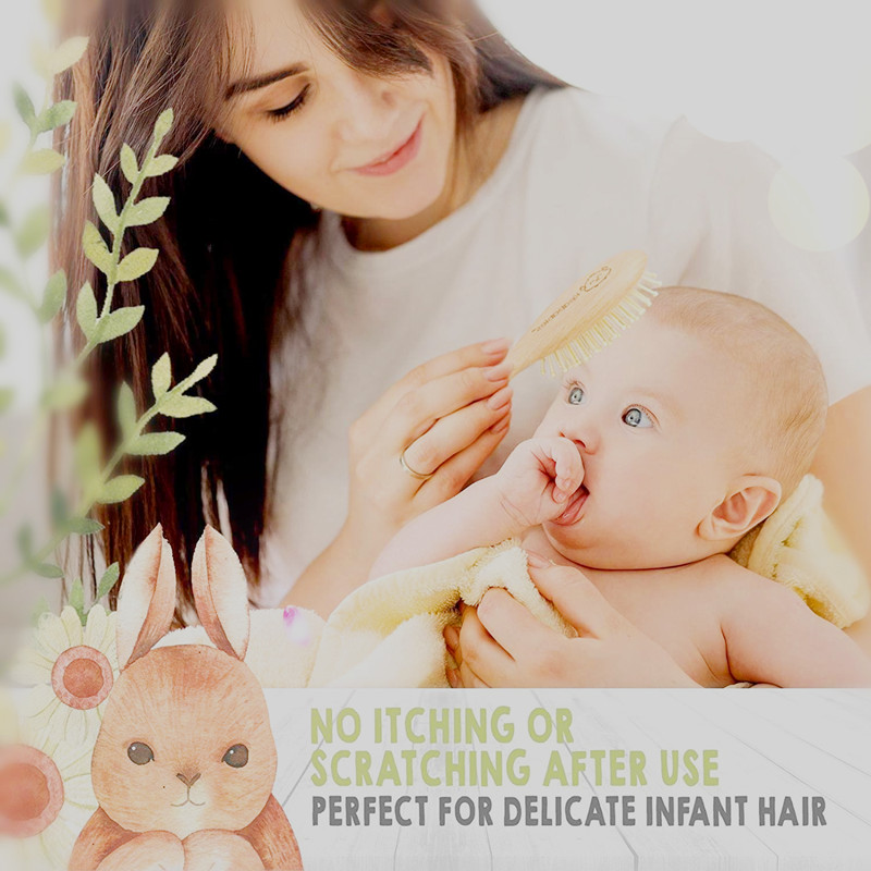 Ensemble de 3 brosses et peignes à cheveux en bois pour bébé (3 pièces) pour nouveau-nés et tout-petits, poils de chèvre doux naturels pour berceau, brosse à bébé à poils de bois pour massage, parfait pour le registre de bébé
